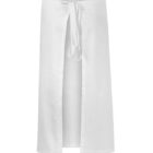 White knee-length wrap skirt with a front tie and center slit, displayed on a white background.