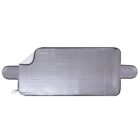 Silver car windshield sunshade with side flaps, lying flat on a white background.