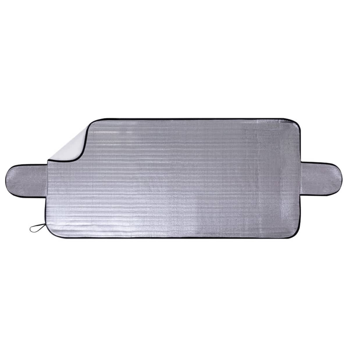 Silver car windshield sunshade with side flaps, lying flat on a white background.