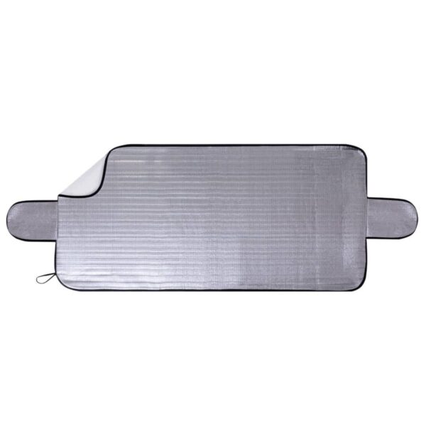 Silver car windshield sunshade with side flaps, viewed from above on a white background.