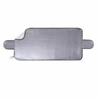 Rectangular silver car windshield sunshade with side flaps and a corner partially folded.