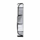 Folded silver car sunshade with black trim, viewed from the front.