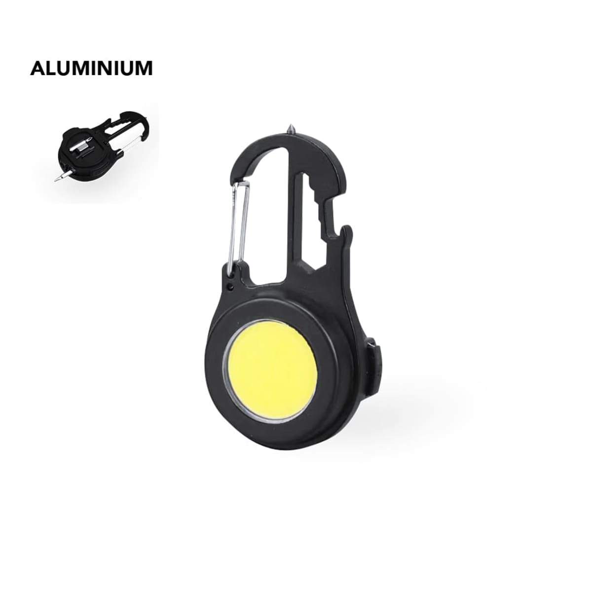 Black carabiner keychain with round yellow LED light and aluminum body on a white background.