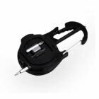 Black multi-tool carabiner with a screwdriver and small utility tools attached, on white background.