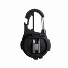Black multitool carabiner with screwdriver bits and built-in bottle opener on white background.