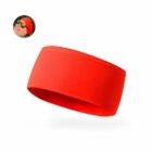 Red athletic headband with a small inset image of a smiling person wearing the headband.