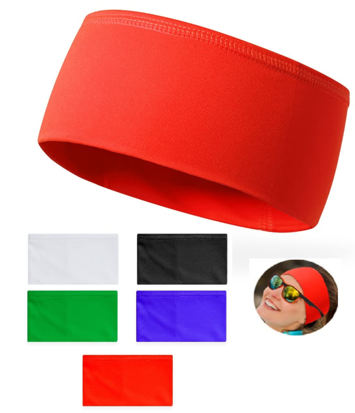 Six colored headbands displayed, with a photo of a smiling person wearing the red one.