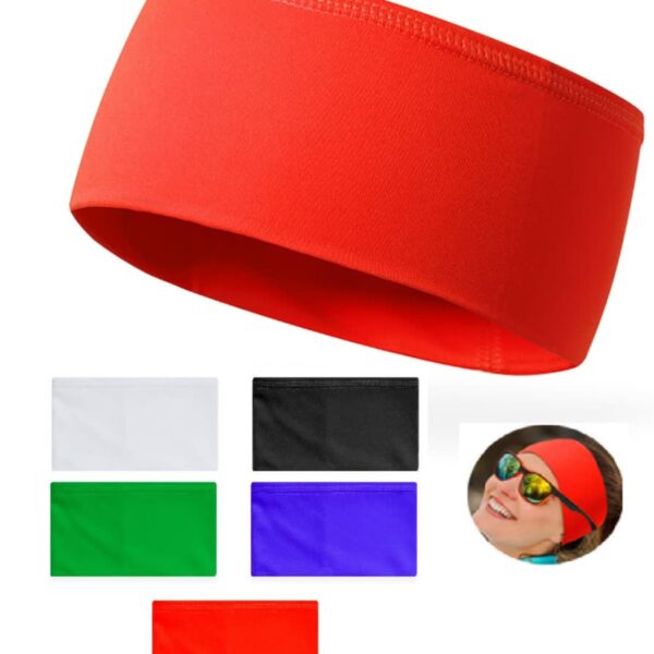 Six colorful headbands and a smiling person wearing a red headband and sunglasses.