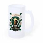 Frosted beer mug with St. Patricks Day festival design featuring a beer and green leaves.
