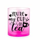 Pink cup with black text: Youre my cup of tea and heart and teacup illustrations.