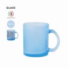 Frosted blue glass mug with handle, 350 ml capacity, shown with and without designs.