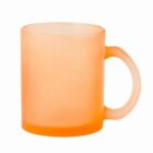 Orange frosted glass mug with a handle, shown on a white background.