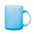 A translucent blue glass mug with a handle on a white background.
