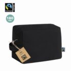 Black cotton toiletry bag with Fairtrade tag and label, shown on a white background.