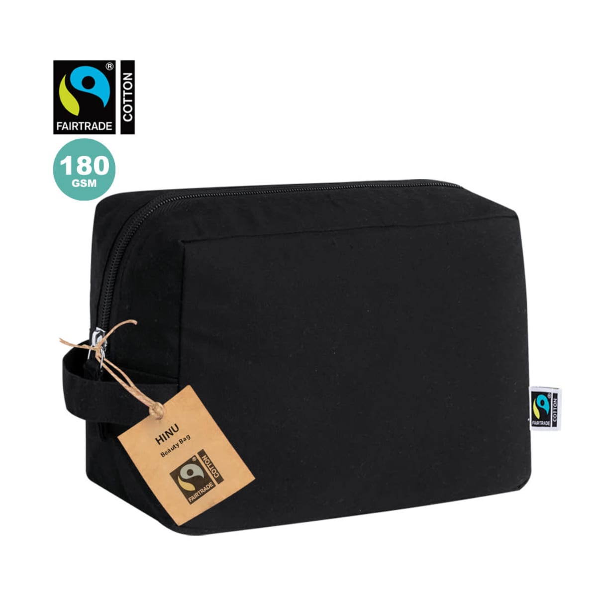 Black Fairtrade cotton toiletry bag with a zipper, tag, and side handle.