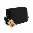 Black zippered pouch with a Fairtrade tag attached, photographed on a white background.