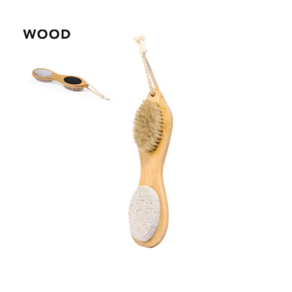 Wooden brush with bristles and pumice stone, hanging by a rope, plus a small inset image.