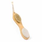 A wooden foot brush with bristles and a pumice stone, plus a hanging loop.
