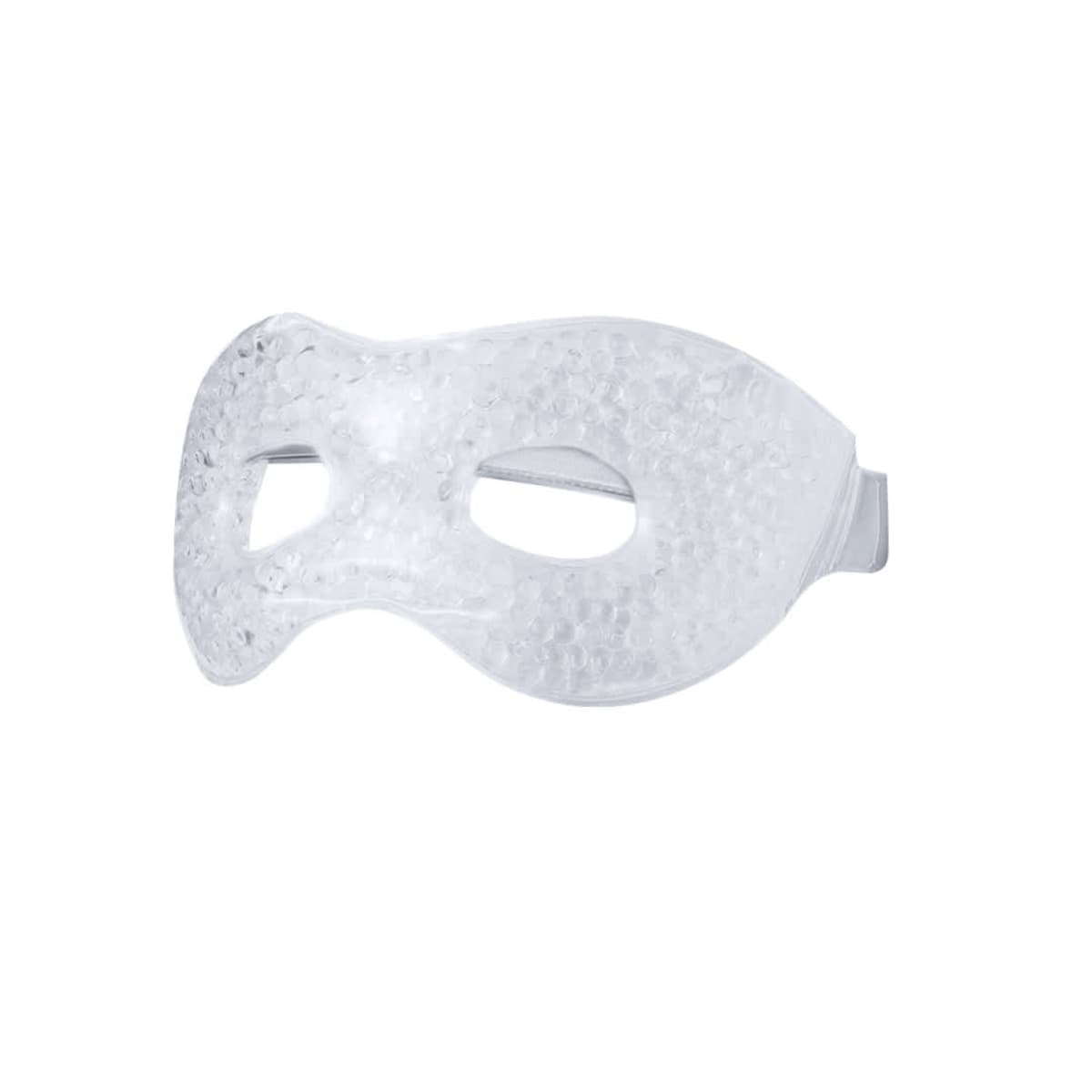 Clear gel bead eye mask with two eye holes and an adjustable strap, isolated on white background.
