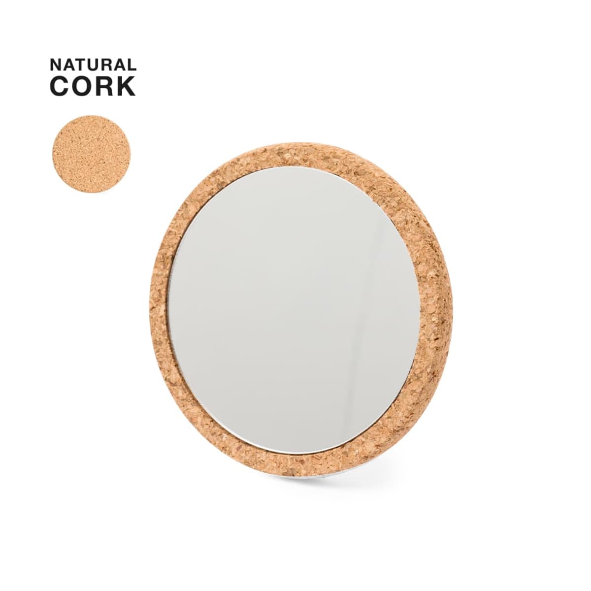 Round mirror with a natural cork frame, shown with a cork texture sample in the corner.