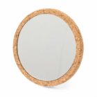 Round mirror with a thick cork frame, standing upright against a white background.