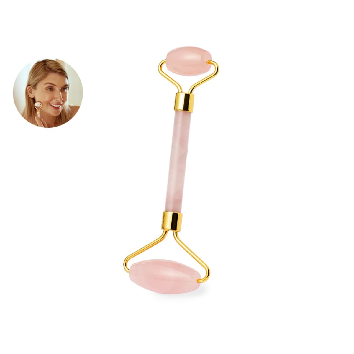 Pink jade facial roller with gold accents and an inset of a woman using it on her face.