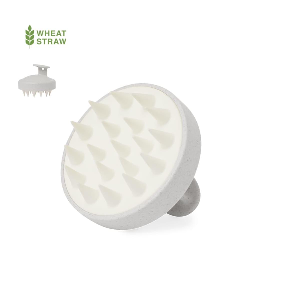 White scalp massager brush with pointed bristles and a round handle, made from wheat straw.