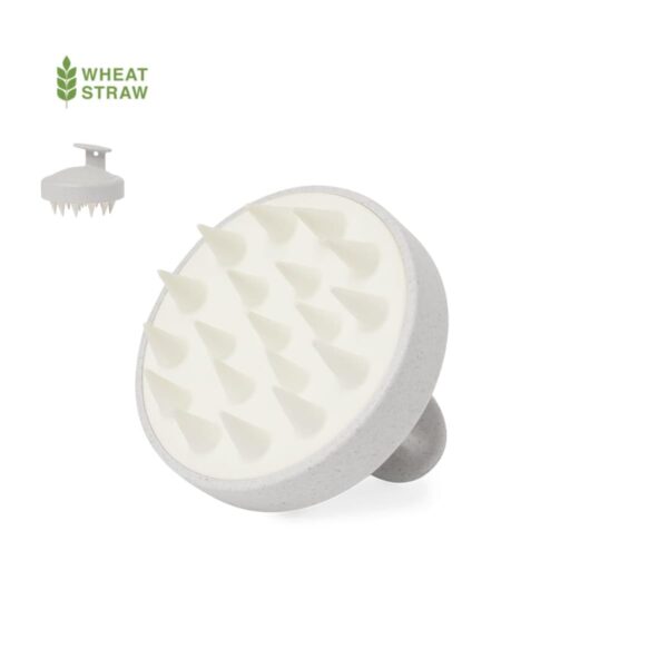 Round white scalp massager with pointed bristles and a handle, labeled wheat straw.