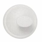 A round, white, speckled lid with a central knob, viewed from above.