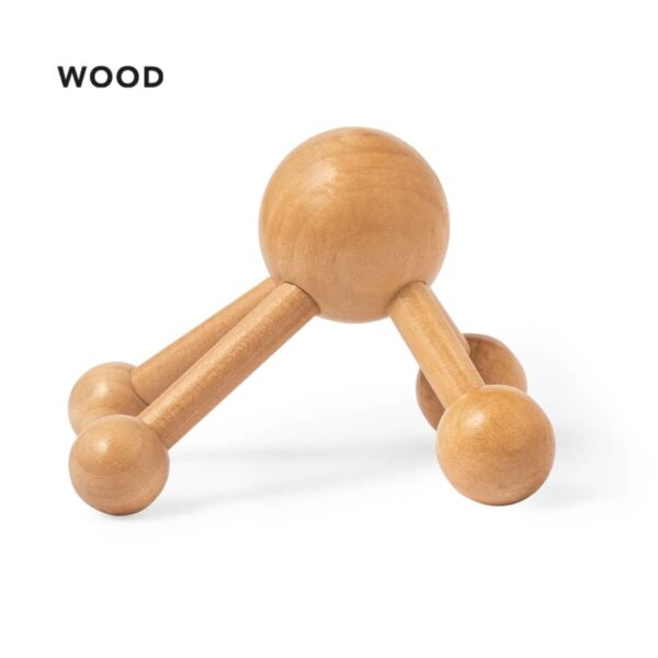 Wooden handheld massager with four rounded knobs and a smooth finish on a white background.