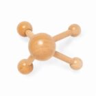 Wooden handheld massager with a central sphere and four rounded prongs on a white background.