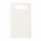 A small white rectangular cutting board with a triangular handle cutout at the top.