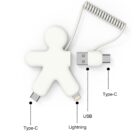 White figure-shaped multi-charger with USB, Type-C, and Lightning connectors labeled.