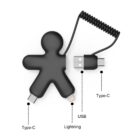Black person-shaped multi-cable with USB, Lightning, and two Type-C connectors labeled.