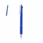 Blue retractable ballpoint pen with a clear clip on a white background.
