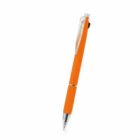 Orange retractable ballpoint pen with a clear clip and silver tip on a white background.