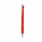 Red retractable pen with a clear clip, standing vertically on a white background.