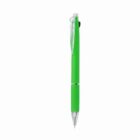 Green retractable ballpoint pen with clear clip, shown vertically on a white background.