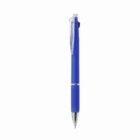 A blue retractable ballpoint pen with a transparent clip on a white background.