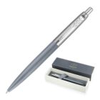 A silver and gray Parker pen with a gift box.