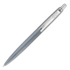 A silver and gray retractable ballpoint pen with a clip featuring a feather design.