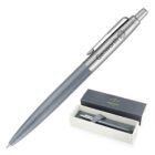 Silver and blue Parker pen with Genworth engraved, shown with its box.