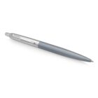 Silver and gray retractable ballpoint pen on a white background.
