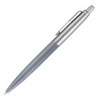 A silver and gray retractable ballpoint pen with a clip.