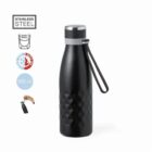 Black stainless steel water bottle with textured pattern and strap, 550 ml capacity.