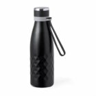 Black stainless steel water bottle with a textured pattern and a carrying strap.