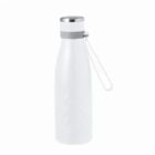 White reusable water bottle with a silver lid and a gray carrying strap on a white background.