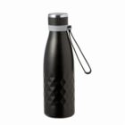 Black reusable water bottle with a silver cap and a textured, diamond pattern base.