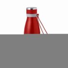 Red water bottle with a silver cap and carrying strap, partially visible against white background.