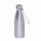 Silver stainless steel water bottle with geometric pattern and a carrying strap.